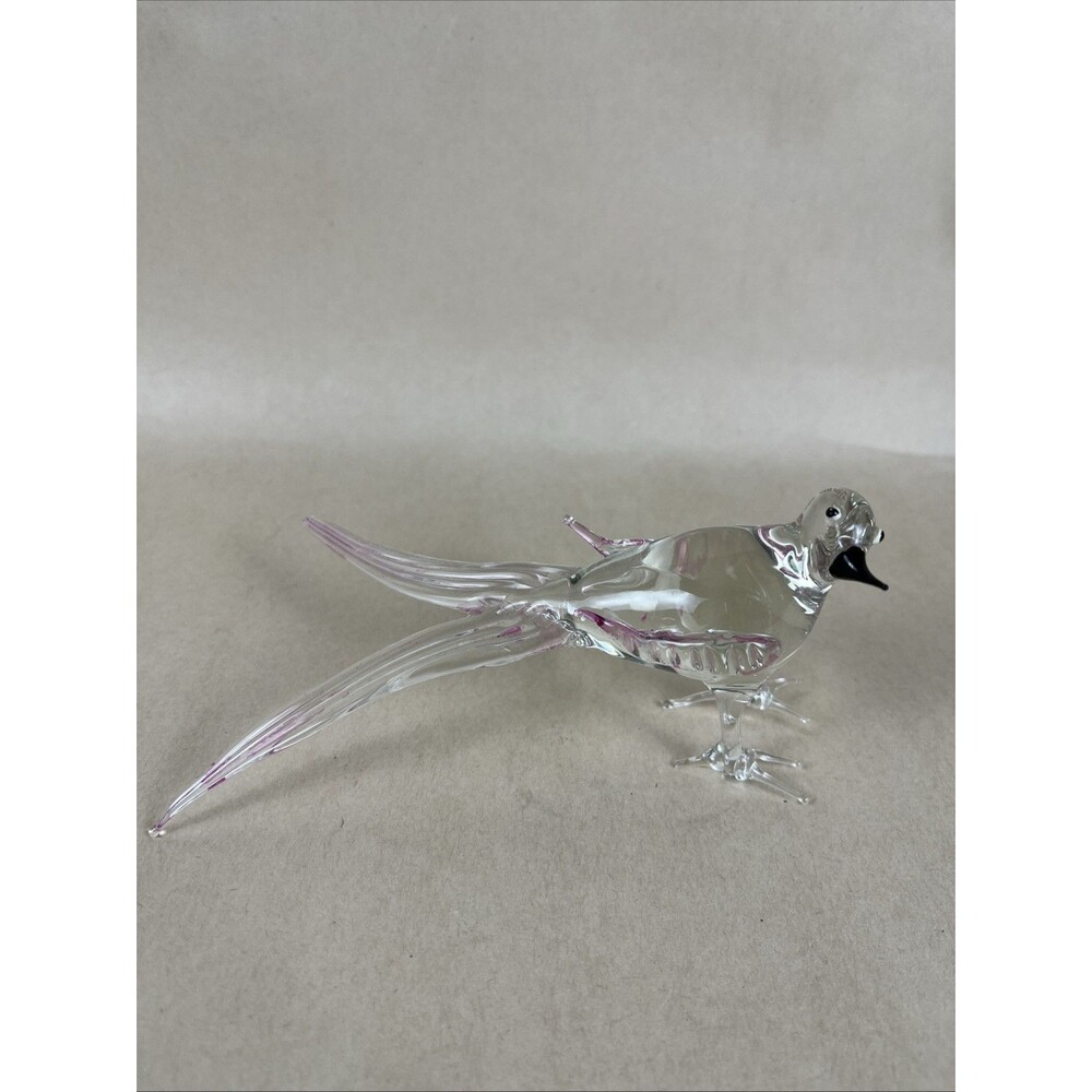 VTG Hand Blown Art Glass Pheasant /Bird Figures Pink Clear 6”Long Chipped Read